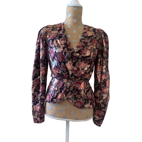 EXPRESS Women Metallic Whimsigoth Top Blouse Faux Wrap Dark Fairy Floral Small - Picture 8 of 13